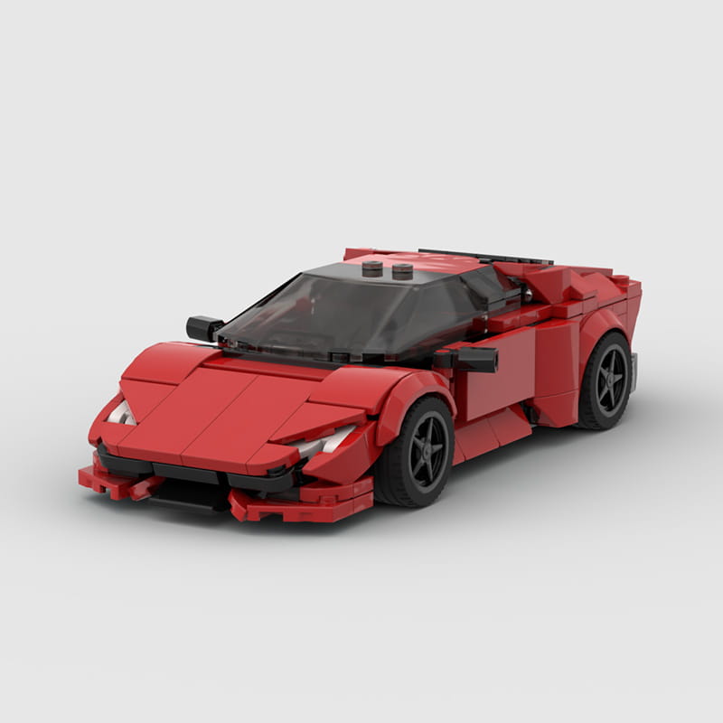 Red Lego Lamborghini racing model sports car kit with black wheels and transparent windshield.
