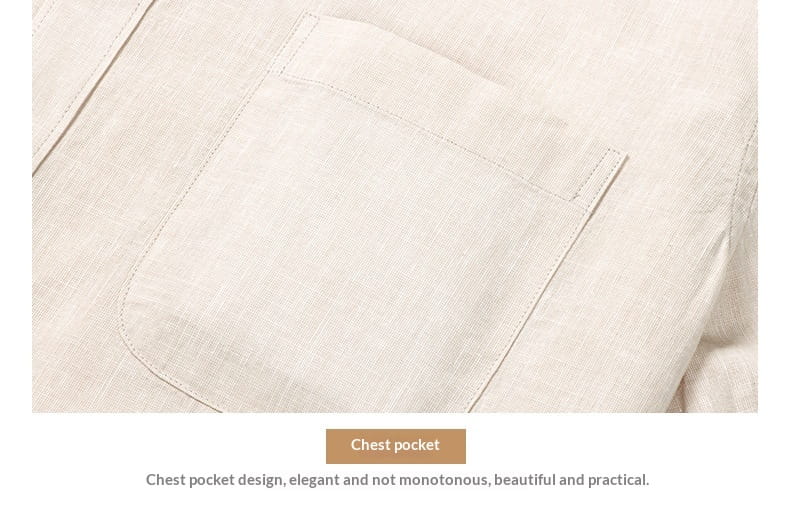 Beige linen chest pocket with neat stitching and subtle texture on men linen mandarin collar slim shirt.