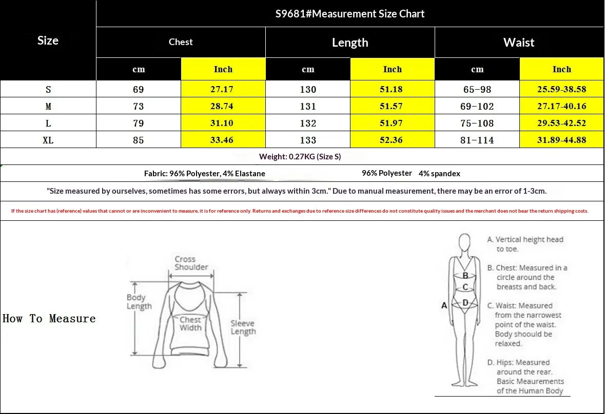 Guide des tailles pour une robe longue d’été maxi à encolure en V et dos noué, en tissu à rayures, avec manches longues, composée à 96 % de polyester et à 4 % d’élasthanne, présentant les mesures en centimètres et en pouces pour les tailles S à XL.