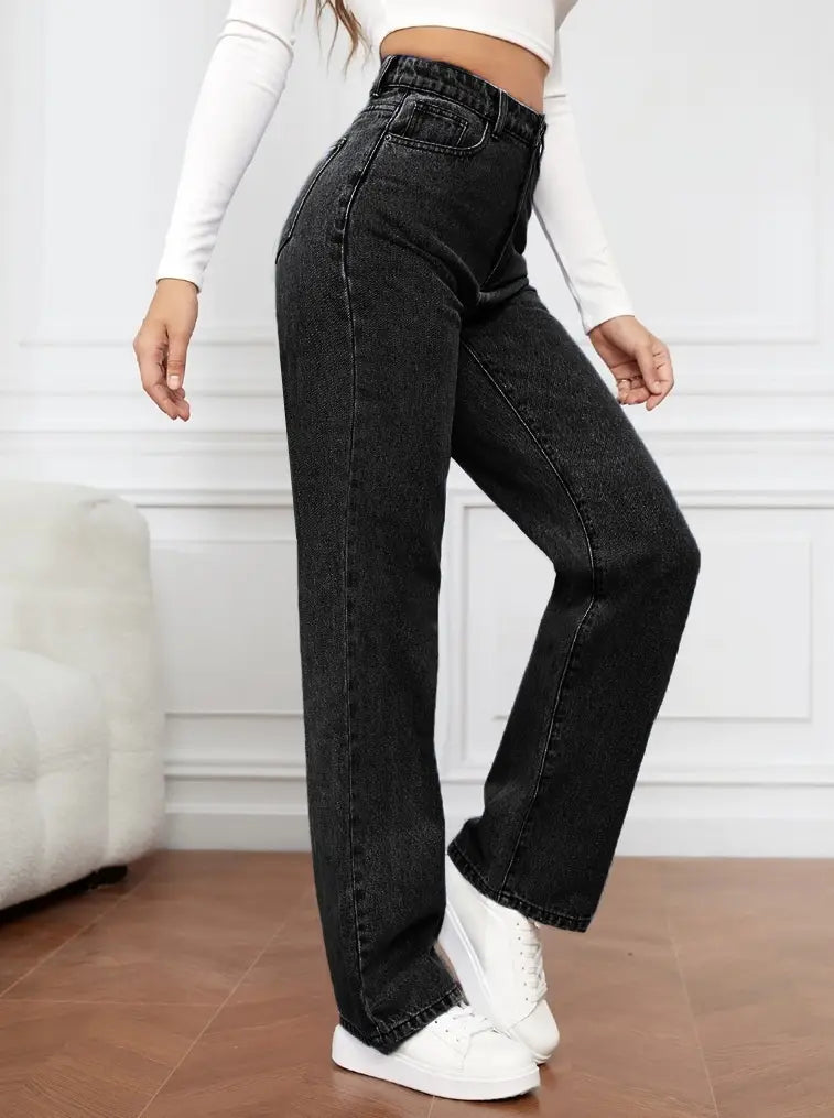 high waisted black denim jeans for women with a straight leg cut made from durable denim fabric
