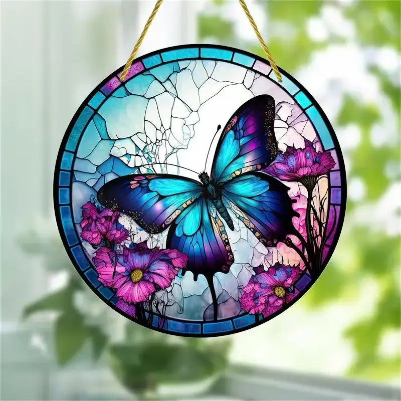 Butterfly acrylic wall art floral hanging decor featuring a circular stained glass design with a blue and purple butterfly surrounded by pink flowers on a cracked turquoise background with black lead lines.