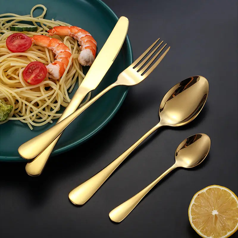 Rose gold stainless steel cutlery set 24 pieces with a sleek modern design in golden color.