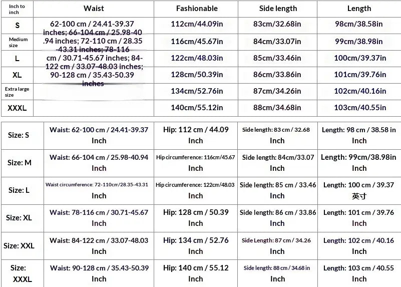 Size chart displaying measurements in inches and centimeters for cotton linen ruffled harem pants available in sizes S through XXXL.