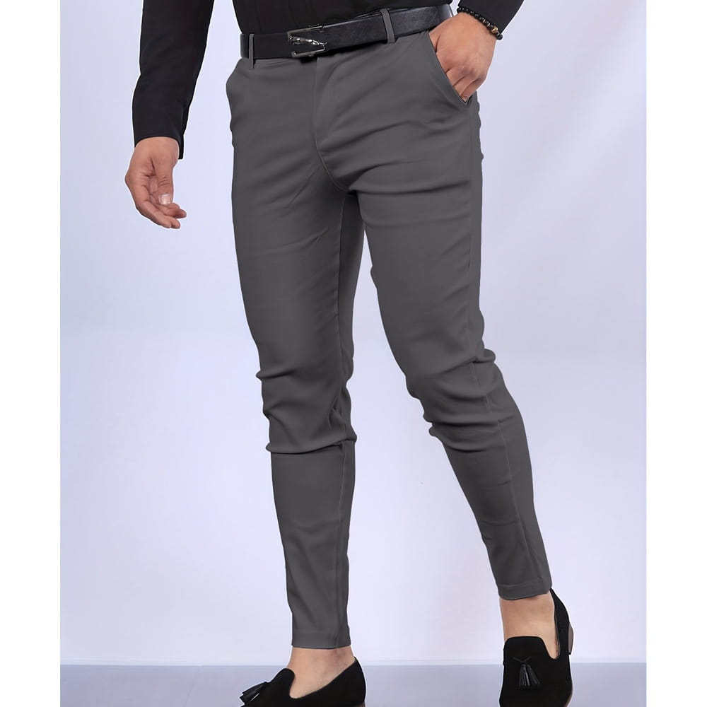 Men’s dark gray slim fit modern cotton blend pencil trousers with a sleek cut and subtle creases.