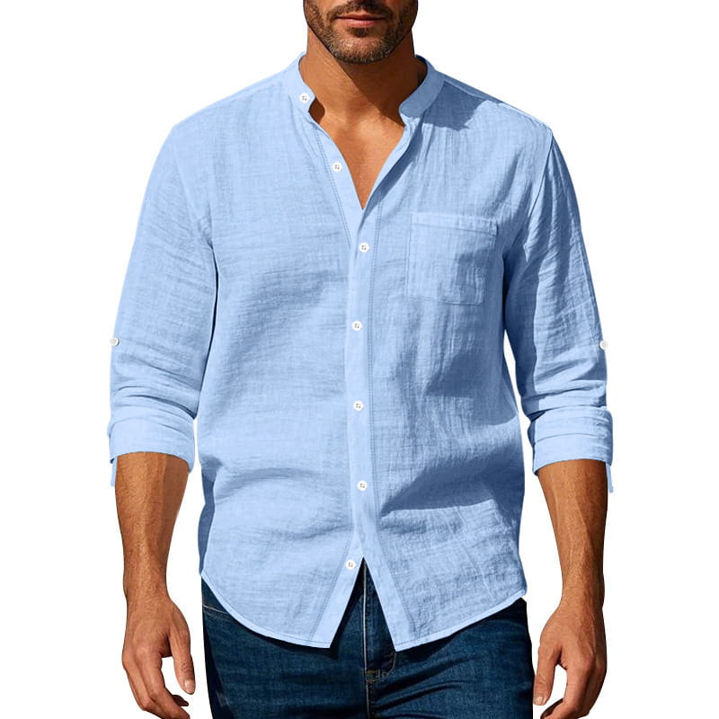 Light blue men’s casual linen long sleeve shirt with a stand collar button-down front and rolled cuffs.