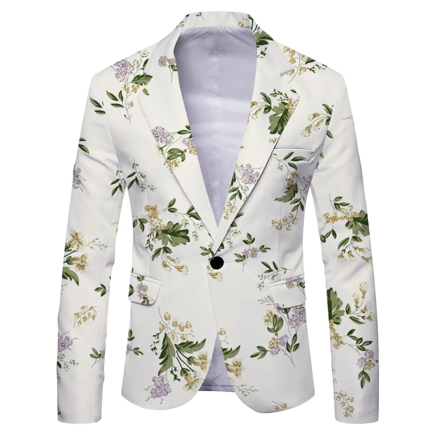 Mens slim fit casual blazer british style suit in white with a delicate floral pattern in shades of green lavender and cream.
