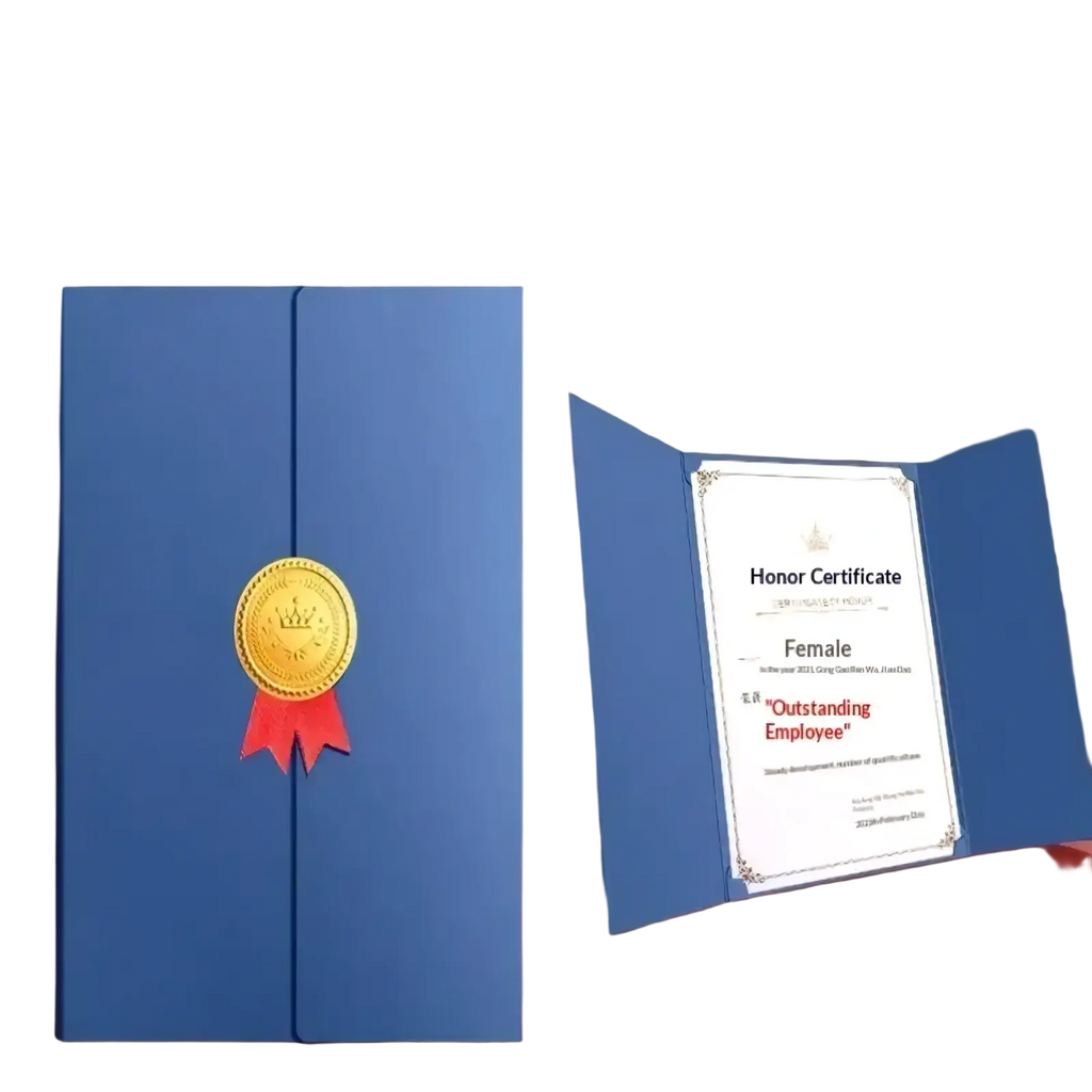 A4 certificate holder in blue satin finish with a gold medallion and red ribbon accent for diplomas and documents
