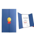 A4 certificate holder in blue satin finish with a gold medallion and red ribbon accent for diplomas and documents