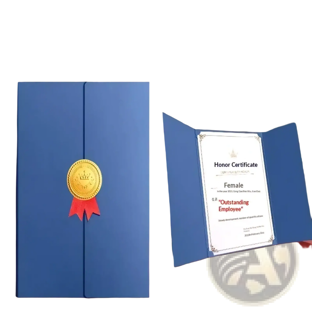 A4 certificate holder in blue satin finish with a gold medallion and red ribbon accent for diplomas and documents