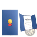 A4 certificate holder in blue satin finish with a gold medallion and red ribbon accent for diplomas and documents