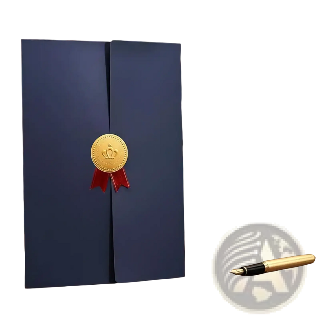 A4 certificate holder diploma document folder in deep navy blue leather with a gold medallion and red ribbon decoration