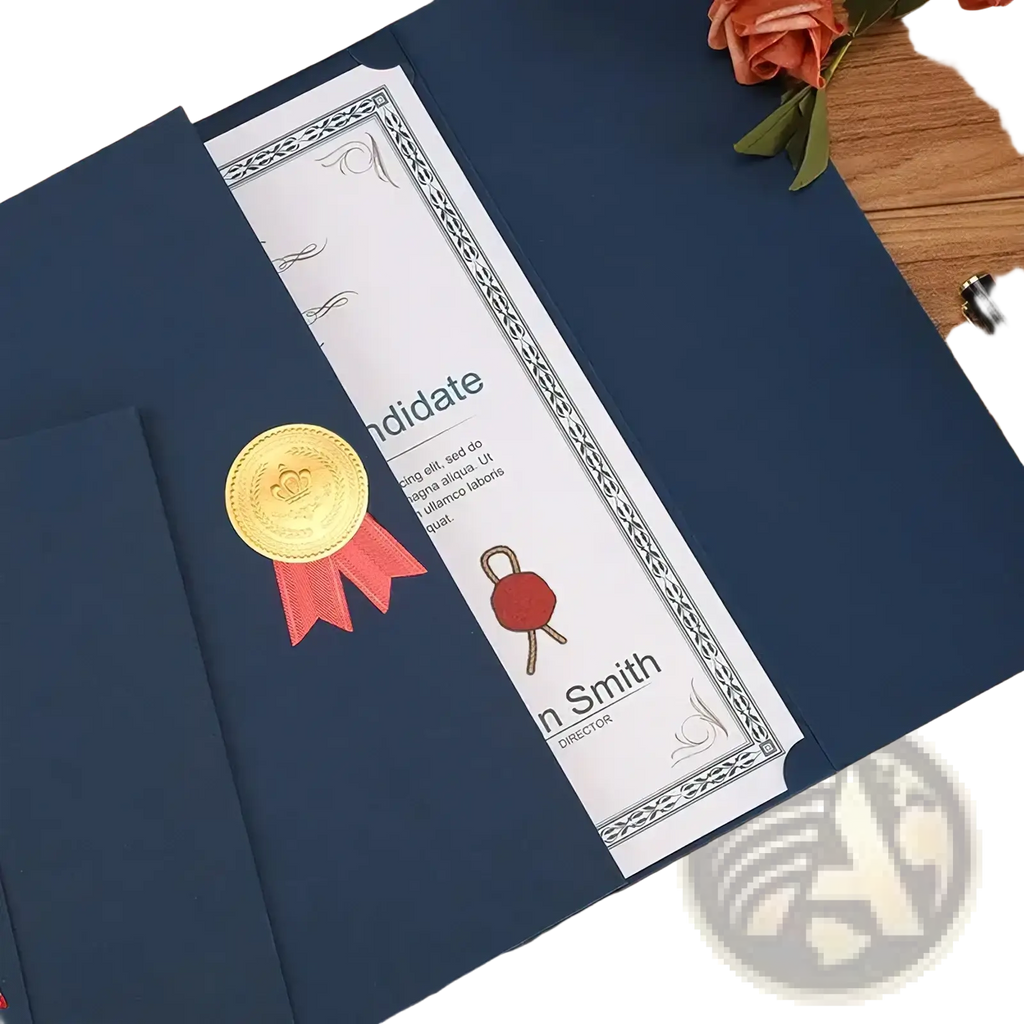 Navy blue a4 certificate holder with gold seal and red ribbon accent for diploma and document storage
