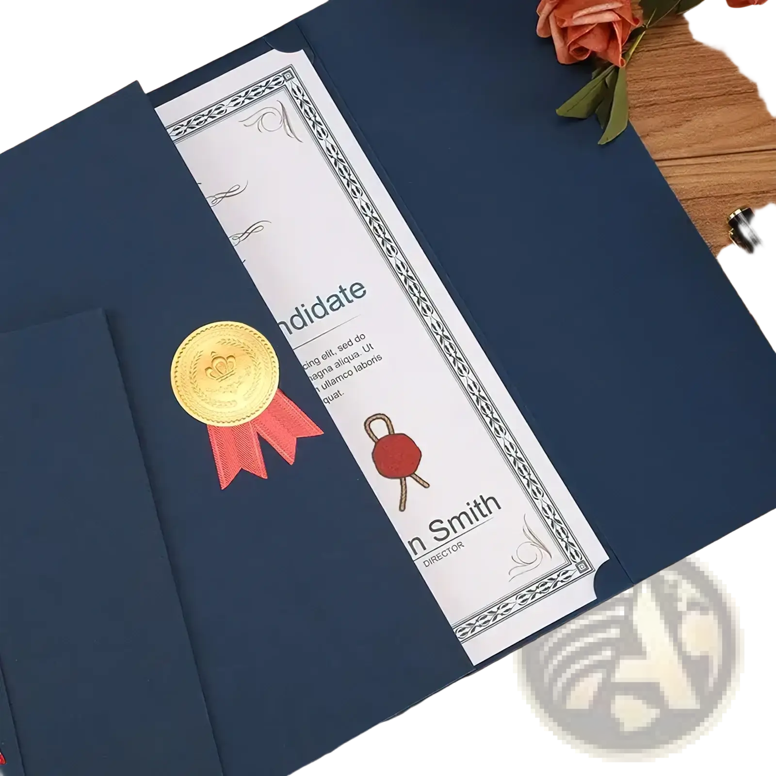 Navy blue a4 certificate holder with gold seal and red ribbon accent for diploma and document storage