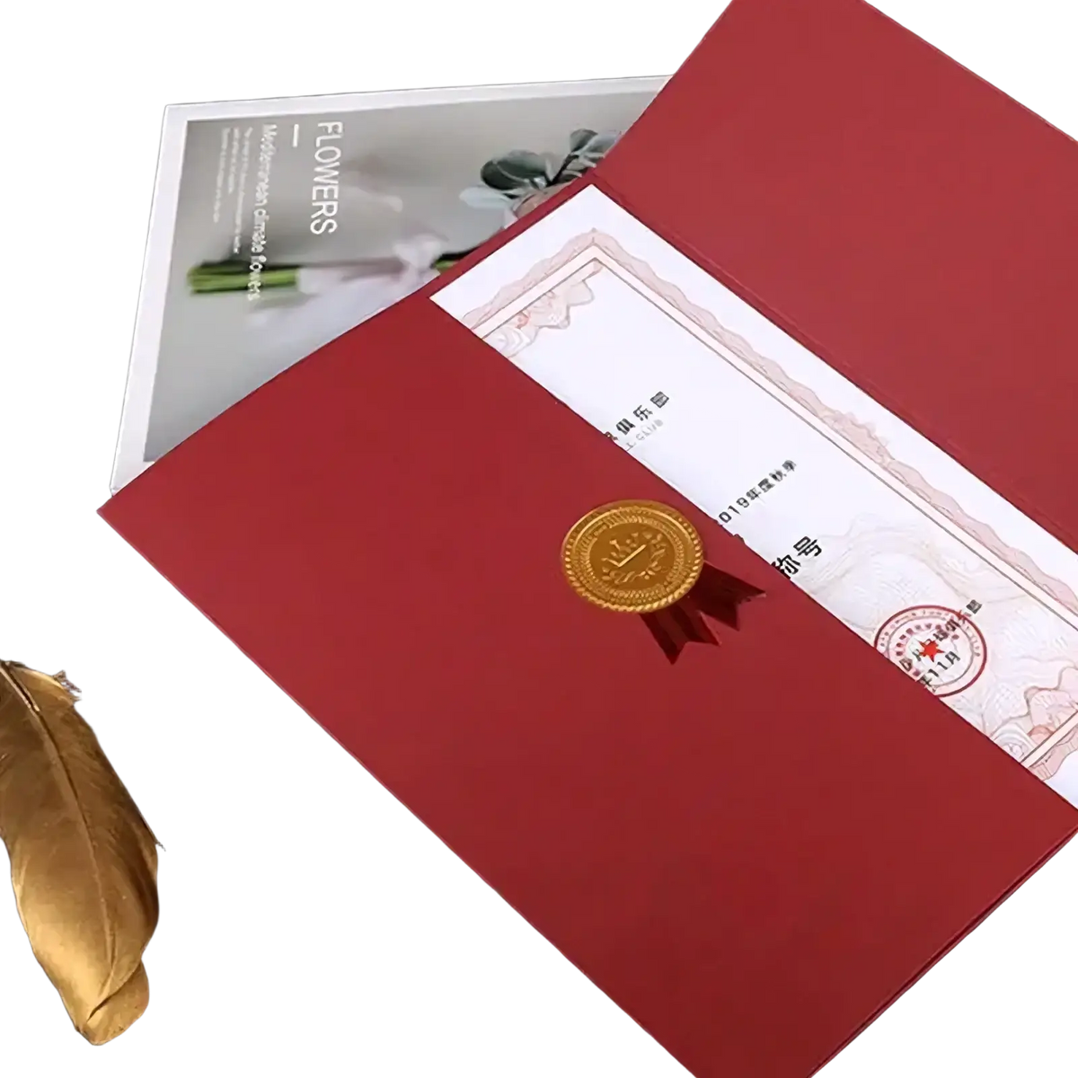 A4 certificate holder in red leather with a gold wax seal and red ribbon for diplomas and documents