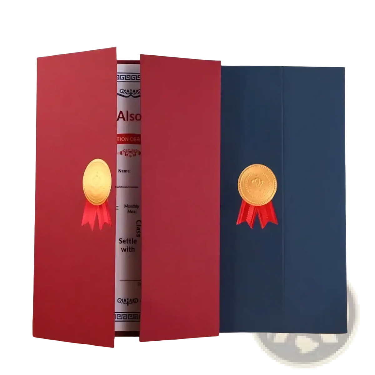 A4 certificate holder diploma document folder in red and blue with gold medallions and red ribbons