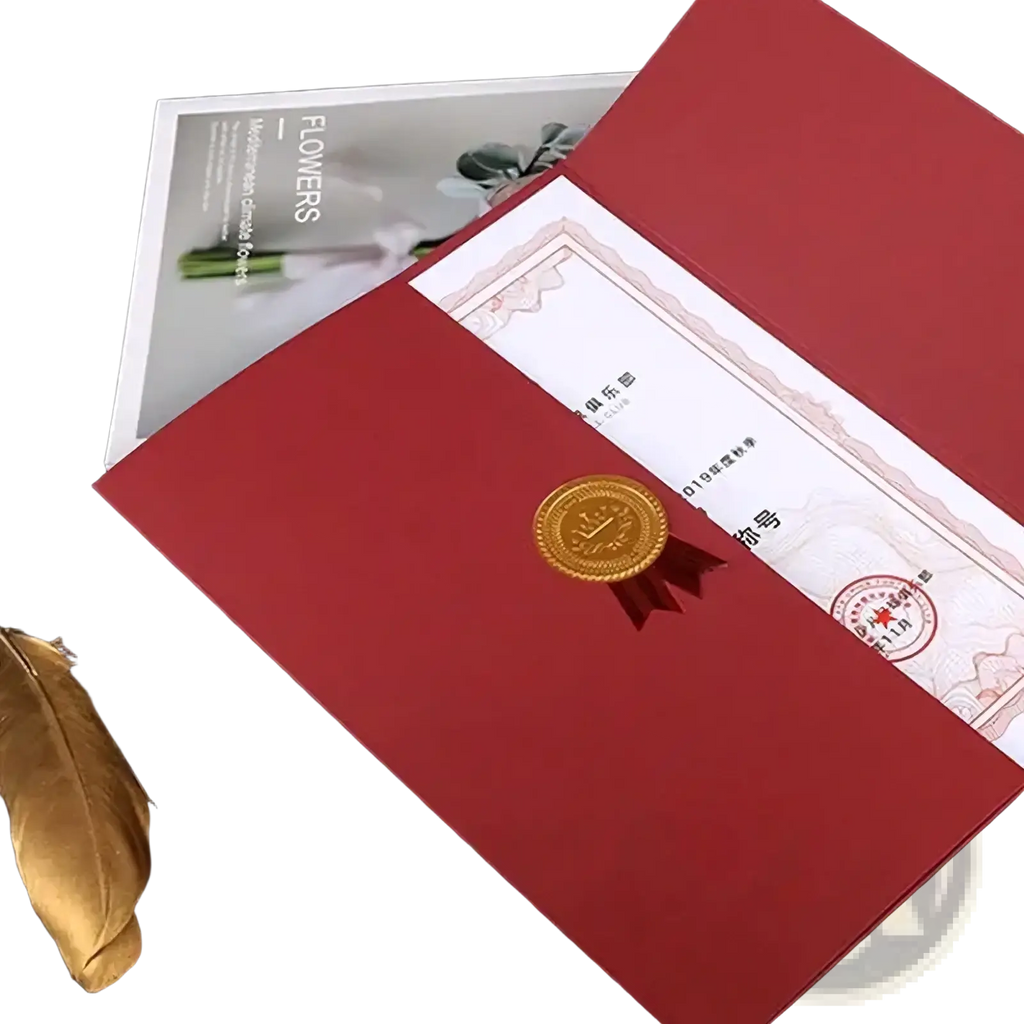 A4 certificate holder in red leather with a gold wax seal and red ribbon for diplomas and documents