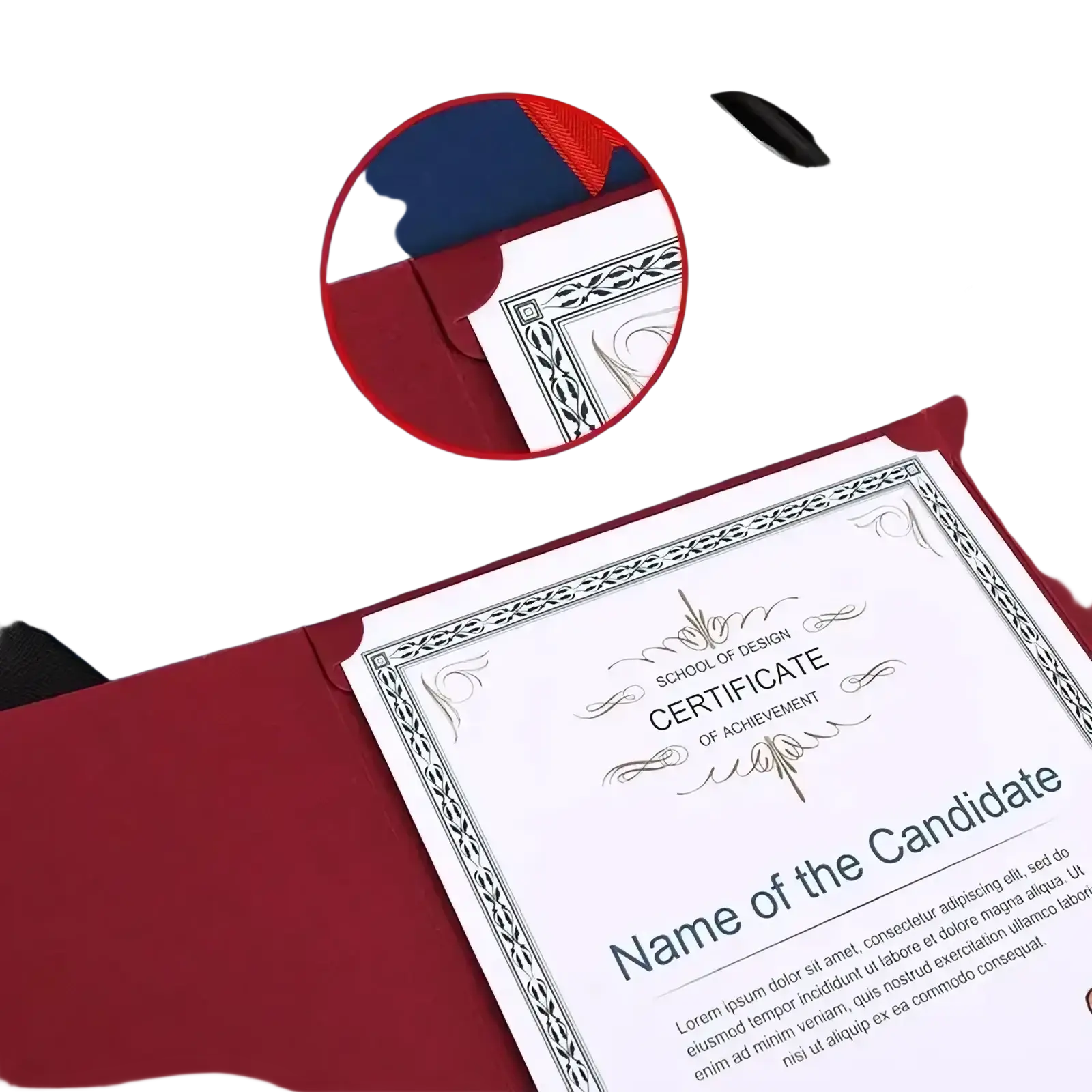 A4 certificate holder diploma document folder in red leather with gold seal and decorative border design