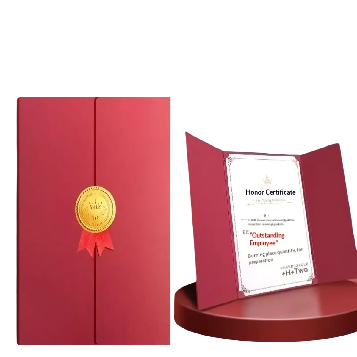 A4 certificate holder in red velvet featuring a gold seal and ribbon for diploma and document presentation