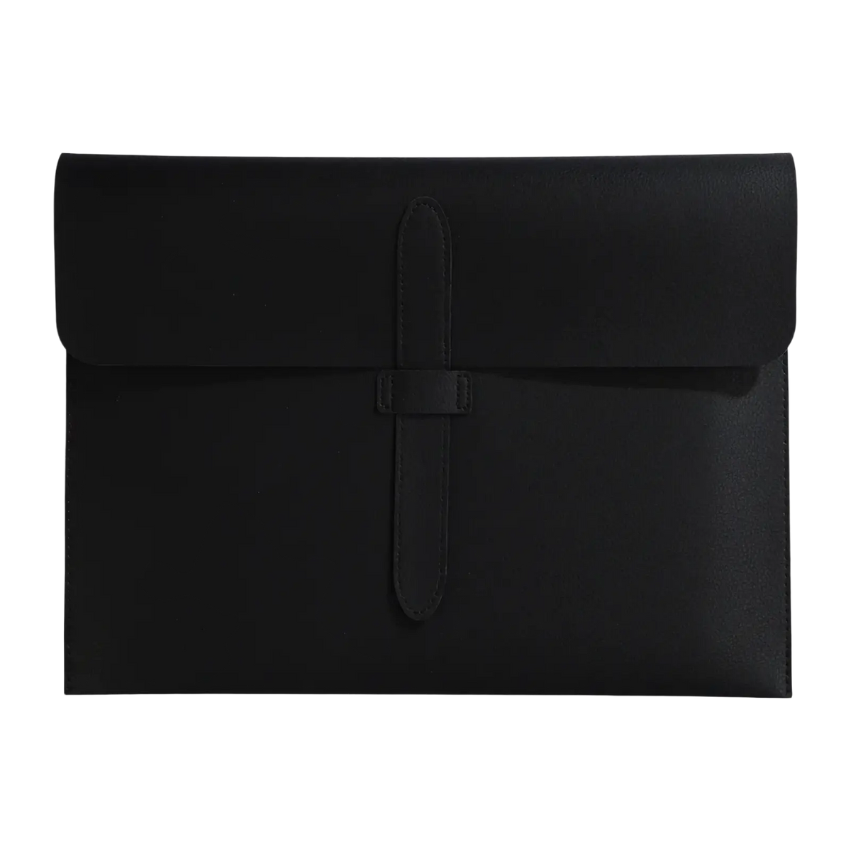 Black leather A4 document folder slim office organizer with minimalist flap closure and central strap for laptops