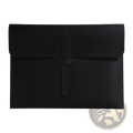 Black leather A4 document folder slim office organizer with minimalist flap closure and central strap for laptops