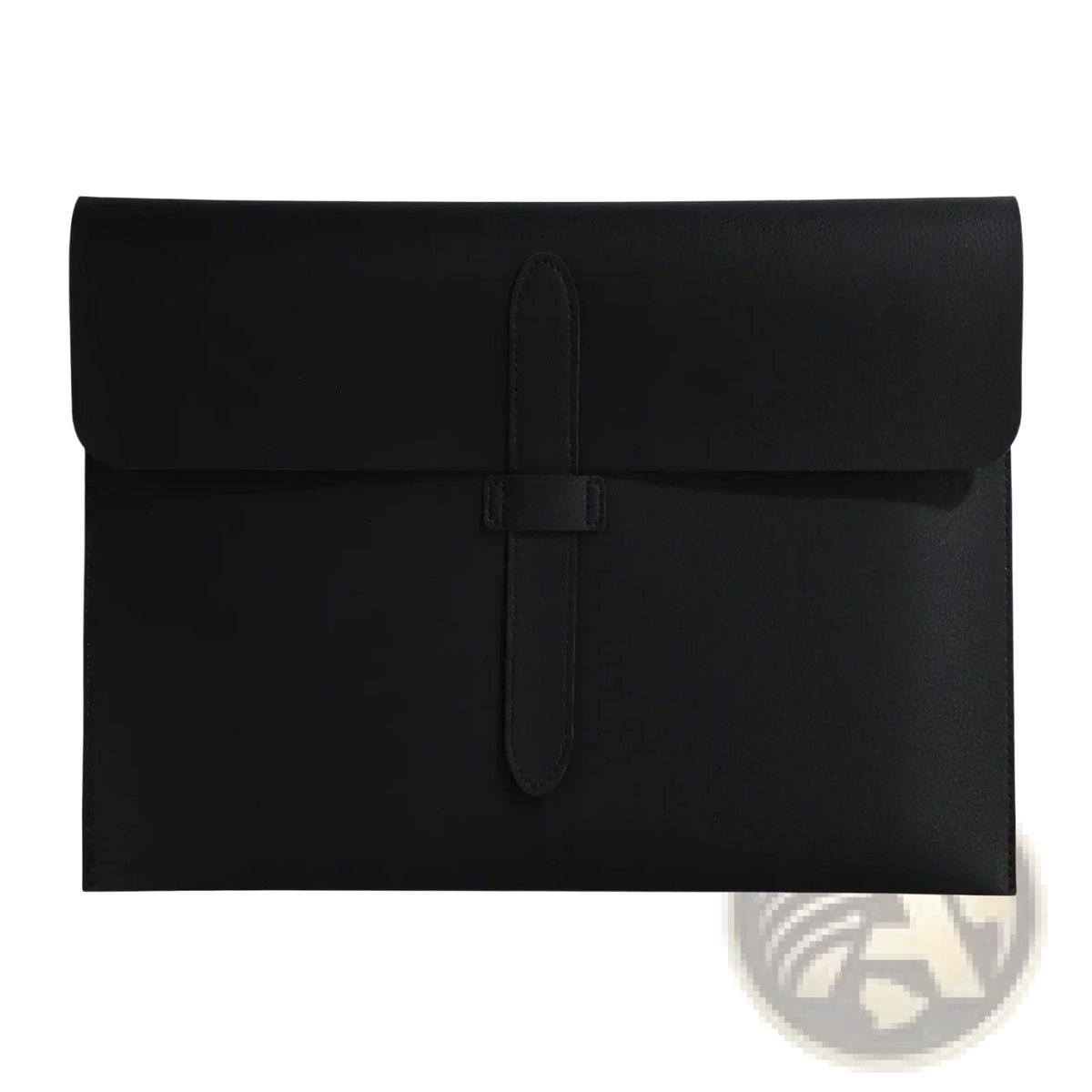 Black leather A4 document folder slim office organizer with minimalist flap closure and central strap for laptops