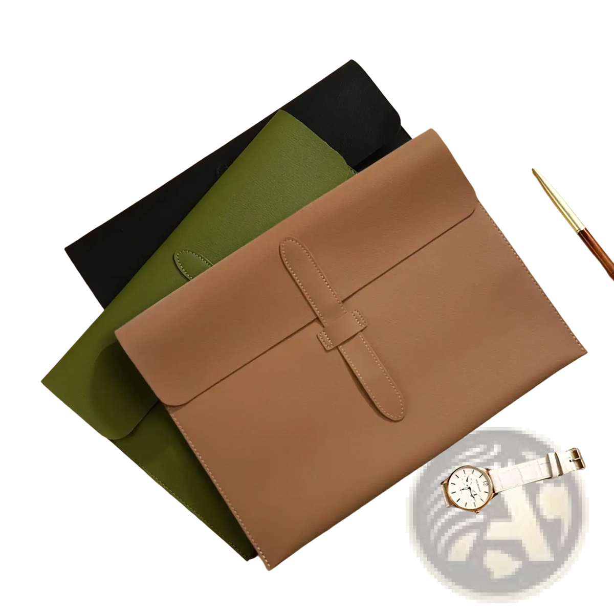Brown leather a4 document folder slim office organizer with envelope-style flap closure and stitched detailing