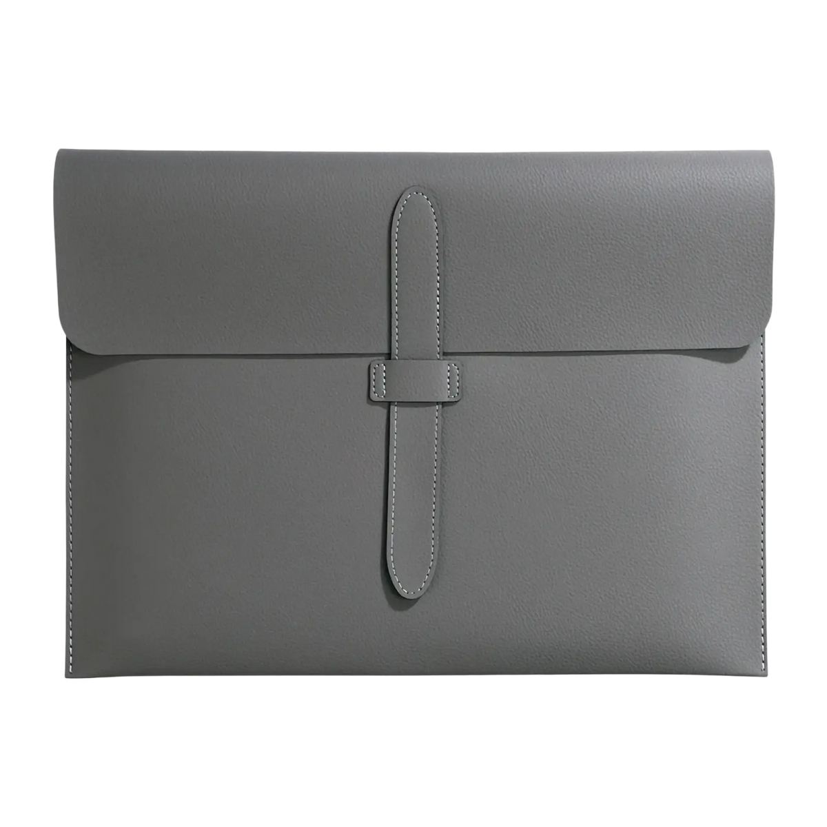 Gray leather a4 document folder slim office organizer with minimalist flap closure and matching stitching