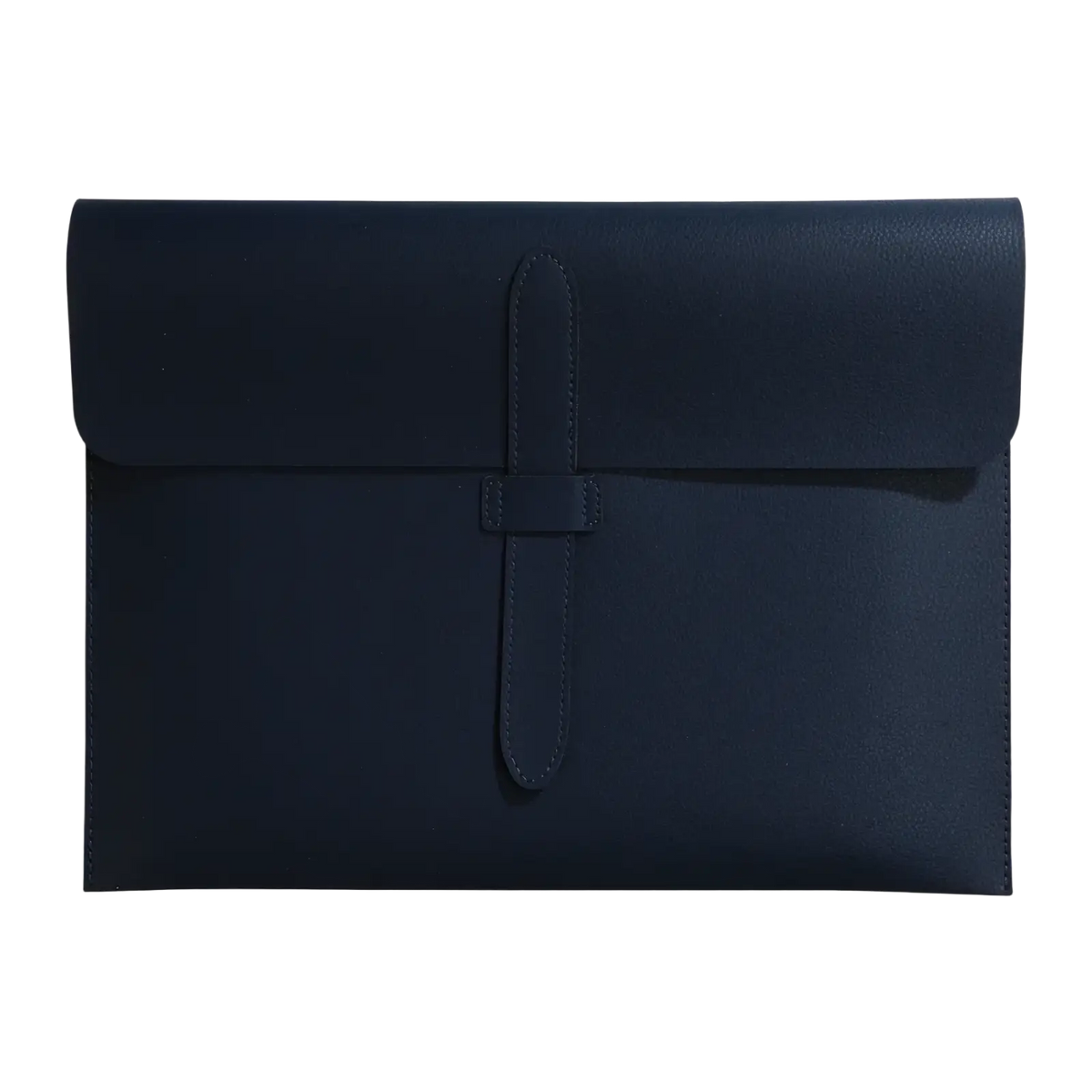 Navy blue leather A4 document folder with slim minimalist flap closure and stitched detailing for office organization