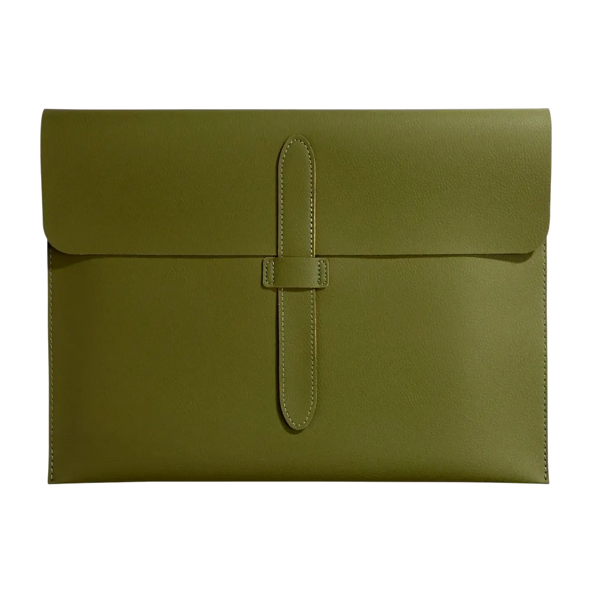 Olive green leather a4 document folder with minimalist flap closure and matching stitching for slim office organization