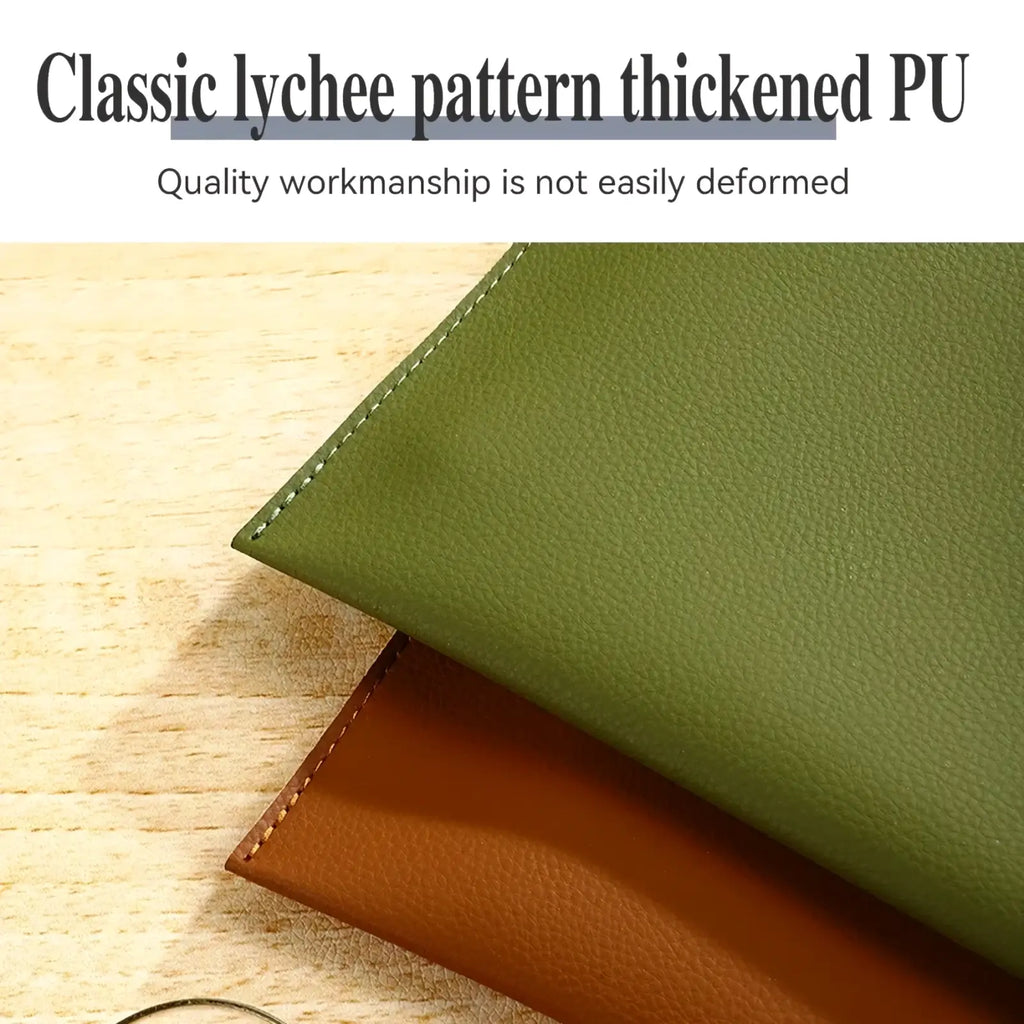 A4 leather document folder in olive green and brown thickened PU leather with classic lychee pattern and precise stitching