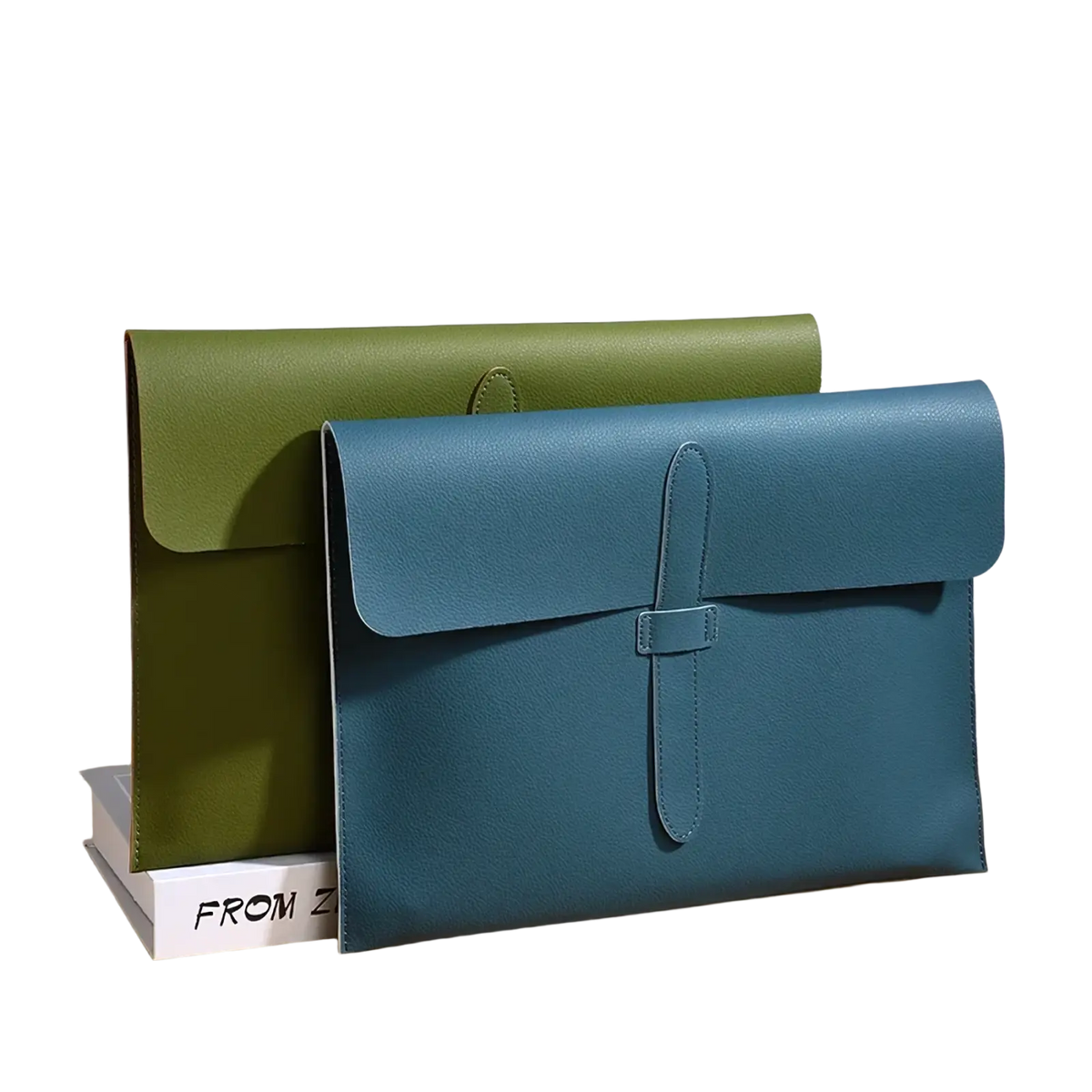 A4 leather document folder slim office organizer in rich teal with a sleek minimalist flap closure and subtle stitching