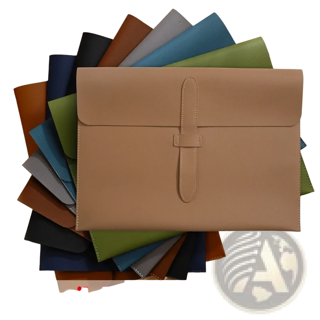 Tan leather a4 document folder slim office organizer with envelope-style flap closure and matching stitching