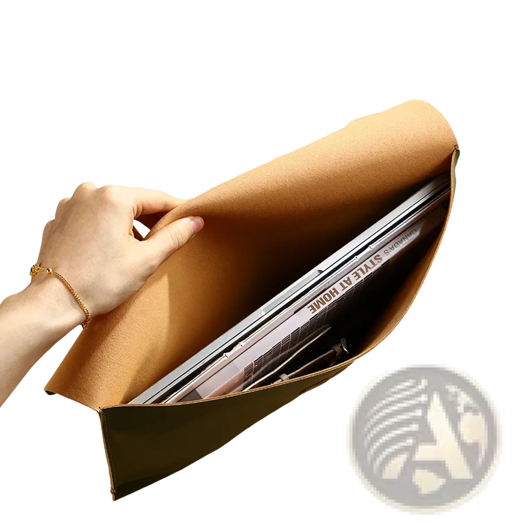 Tan leather A4 document folder slim office organizer with a sleek minimalist laptop sleeve design visible from front