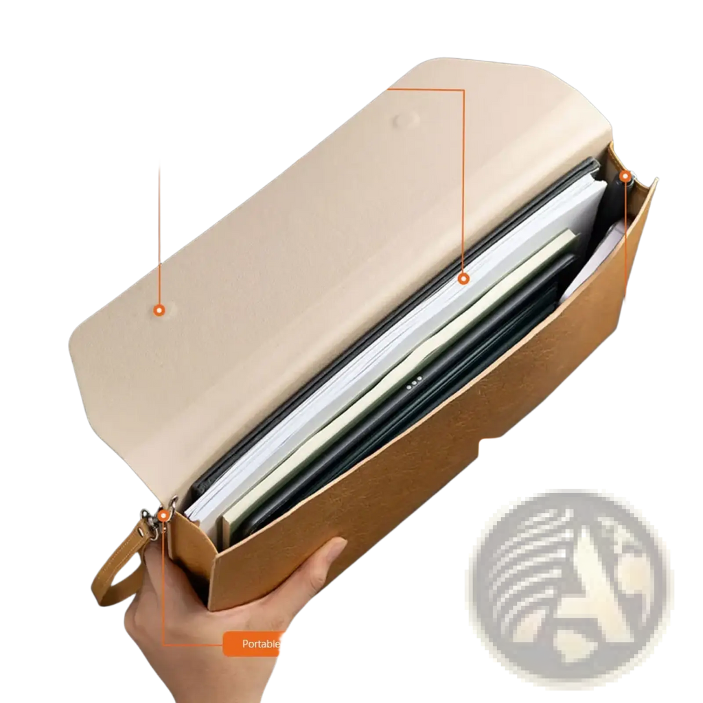Beige and tan leather pencil case with magnetic buckle for portable storage of notebooks and pens in a waterproof organizer
