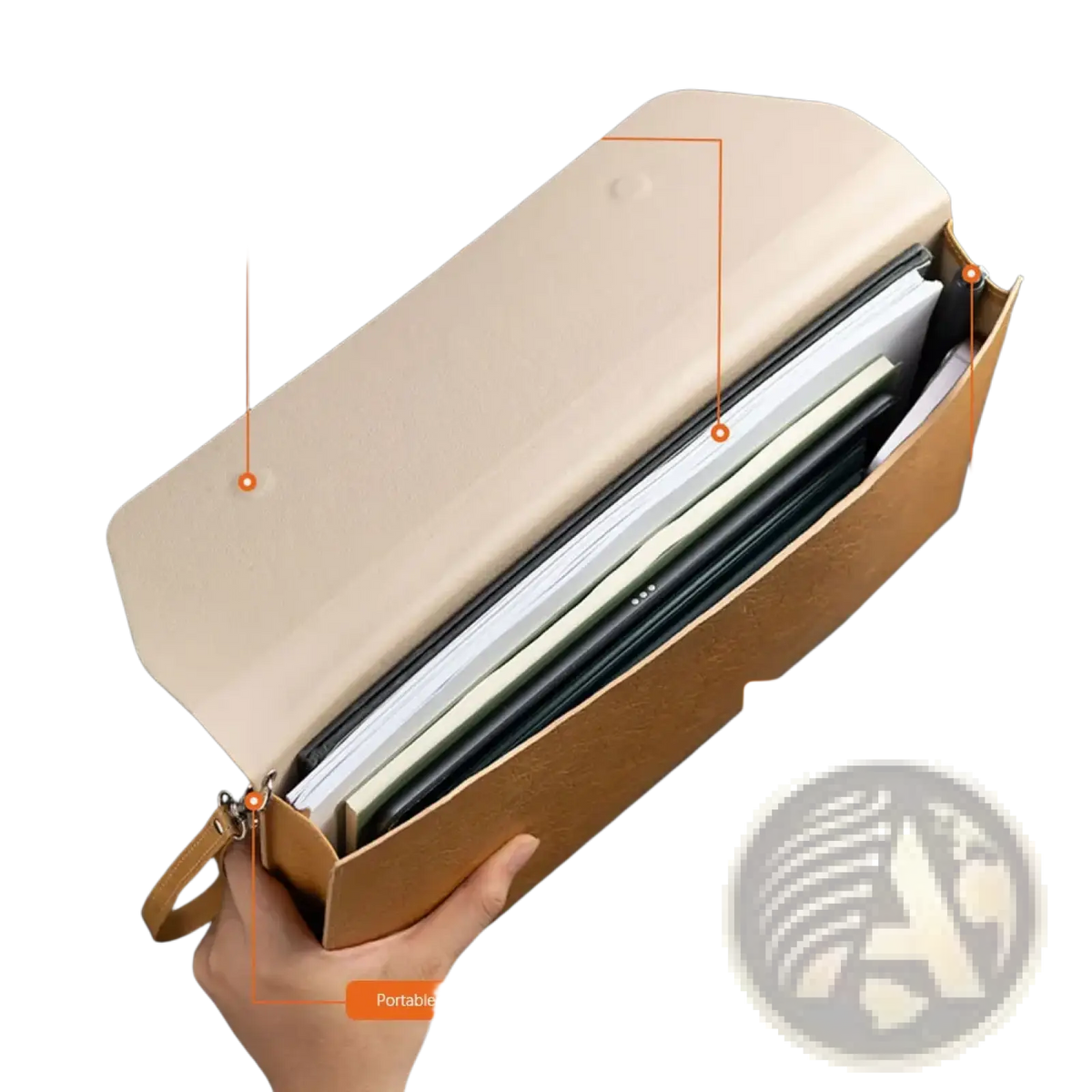 Beige and tan leather pencil case with magnetic buckle for portable storage of notebooks and pens in a waterproof organizer