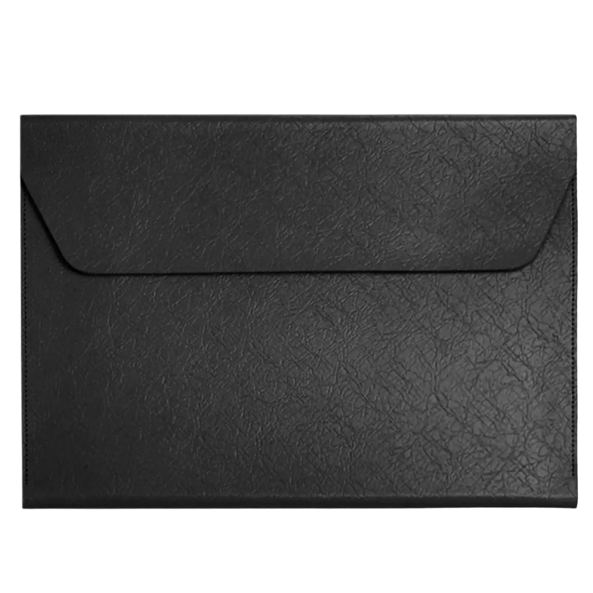 Black textured leather laptop sleeve with flap closure in a4 leather document folder waterproof business organizer design