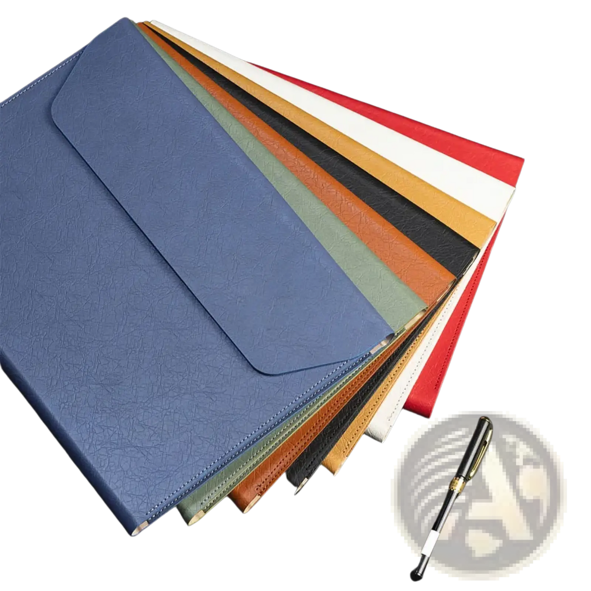 A4 leather document folder in blue textured leather with flap closure and visible stitching for business organization