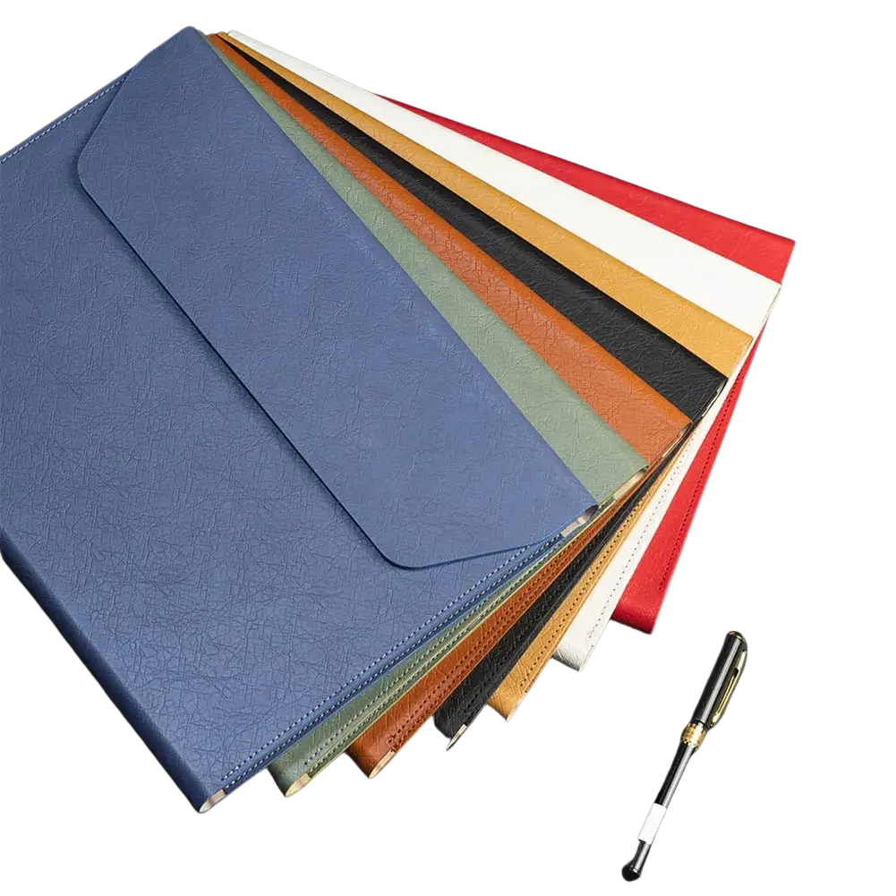 A4 leather document folder in blue textured leather with flap closure and visible stitching for business organization