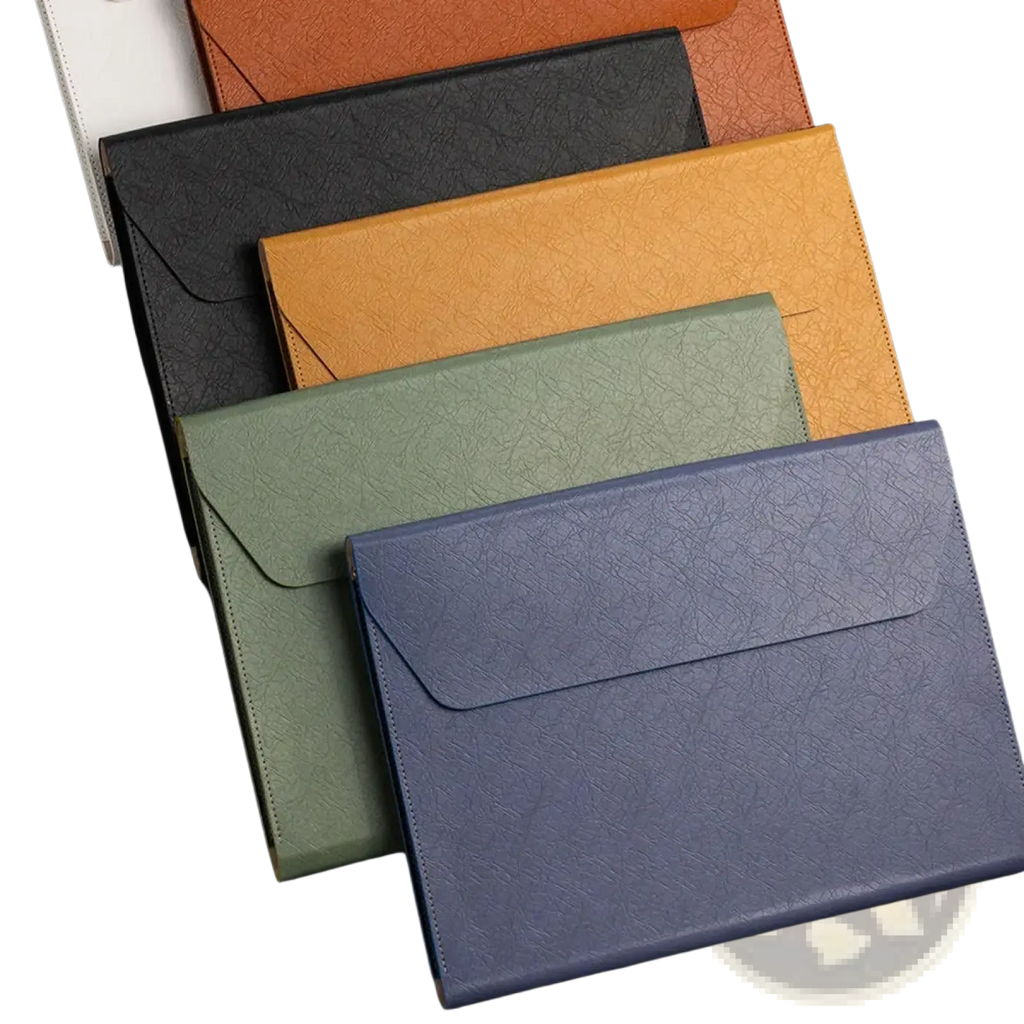 A4 leather document folder waterproof business organizer in black orange mustard yellow olive green and navy blue textured leather