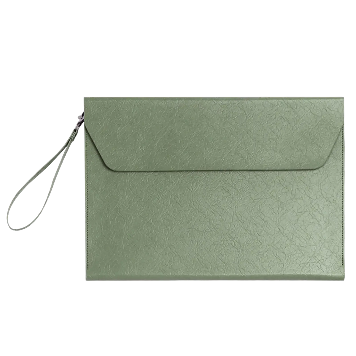A sleek sage green textured synthetic leather a4 document folder with wrist strap for waterproof business organization