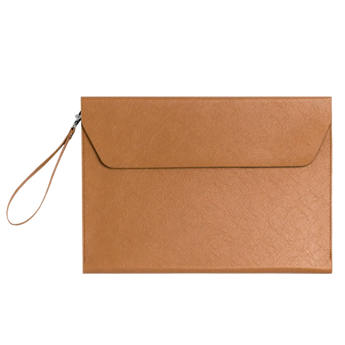 Tan faux leather envelope-style laptop sleeve with wrist strap and textured surface for business document organization