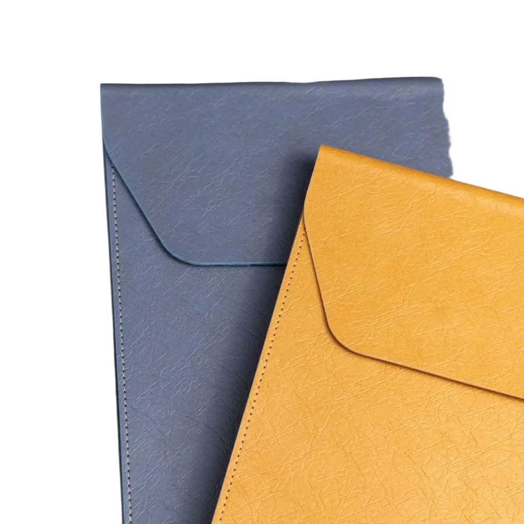 Two textured leather-like a4 document folders in muted blue and warm mustard yellow with stitched edges waterproof organizer