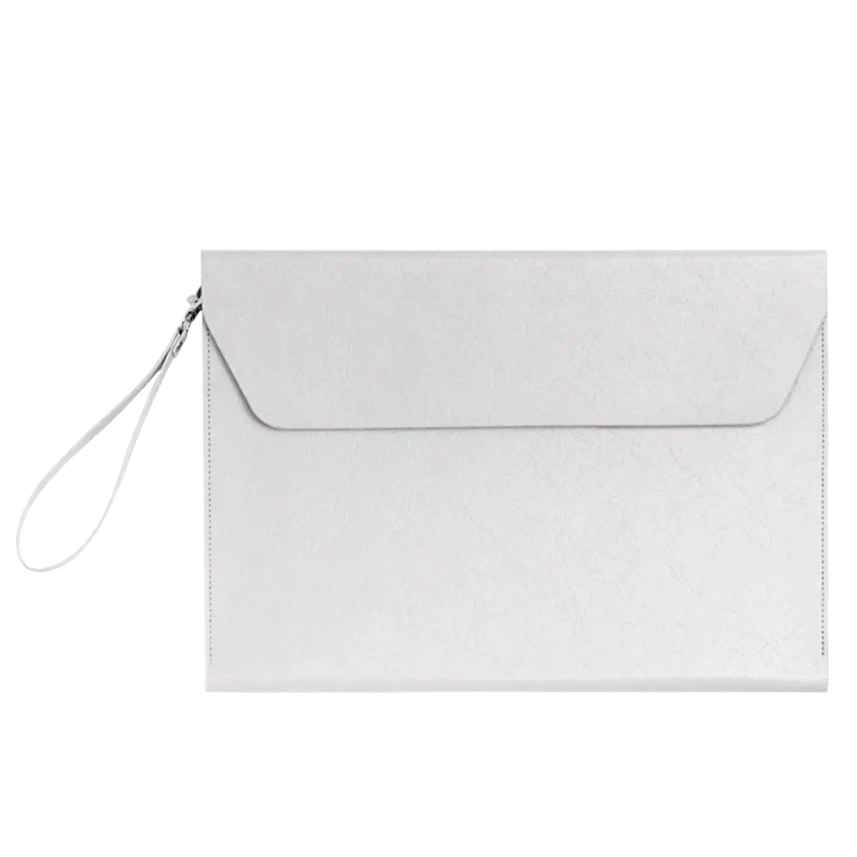 White leather a4 document folder with minimalist envelope flap and matching wrist strap for business organization