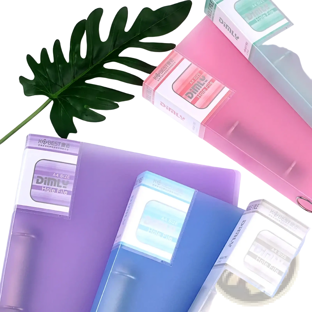 A4 pastel binder file folders in purple blue and pink plastic with clear labeling and transparent ring organizers