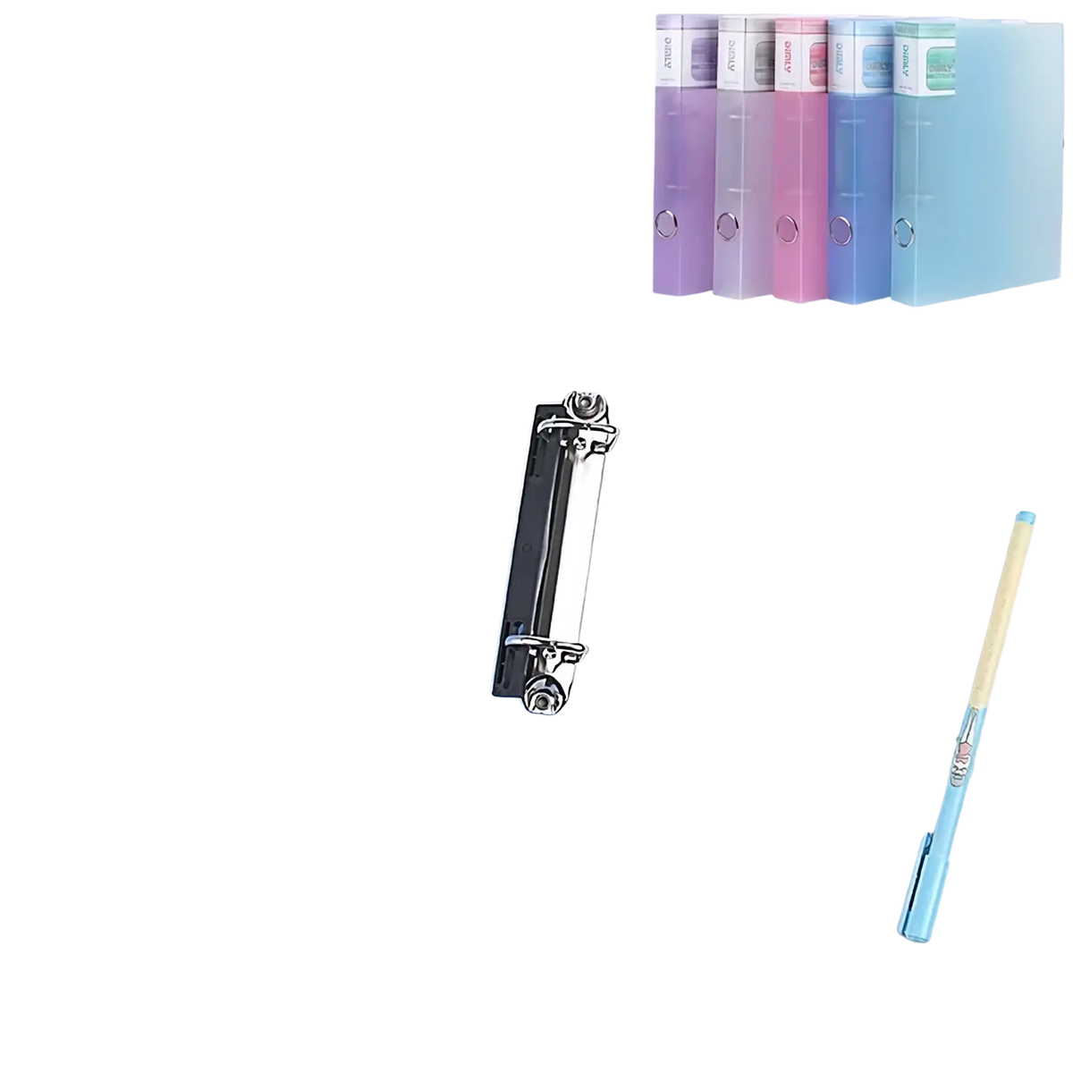 Light blue transparent a4 binder file folder with two silver metal rings and matching binder clip for organization