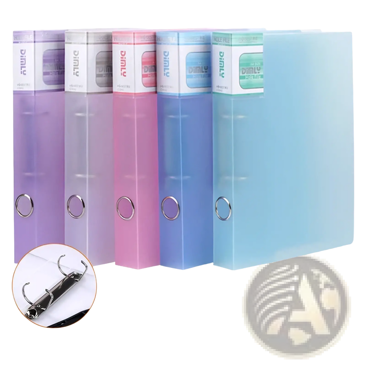 Set of five translucent a4 pastel binder file folders in purple pink blue and light teal with silver metal rings