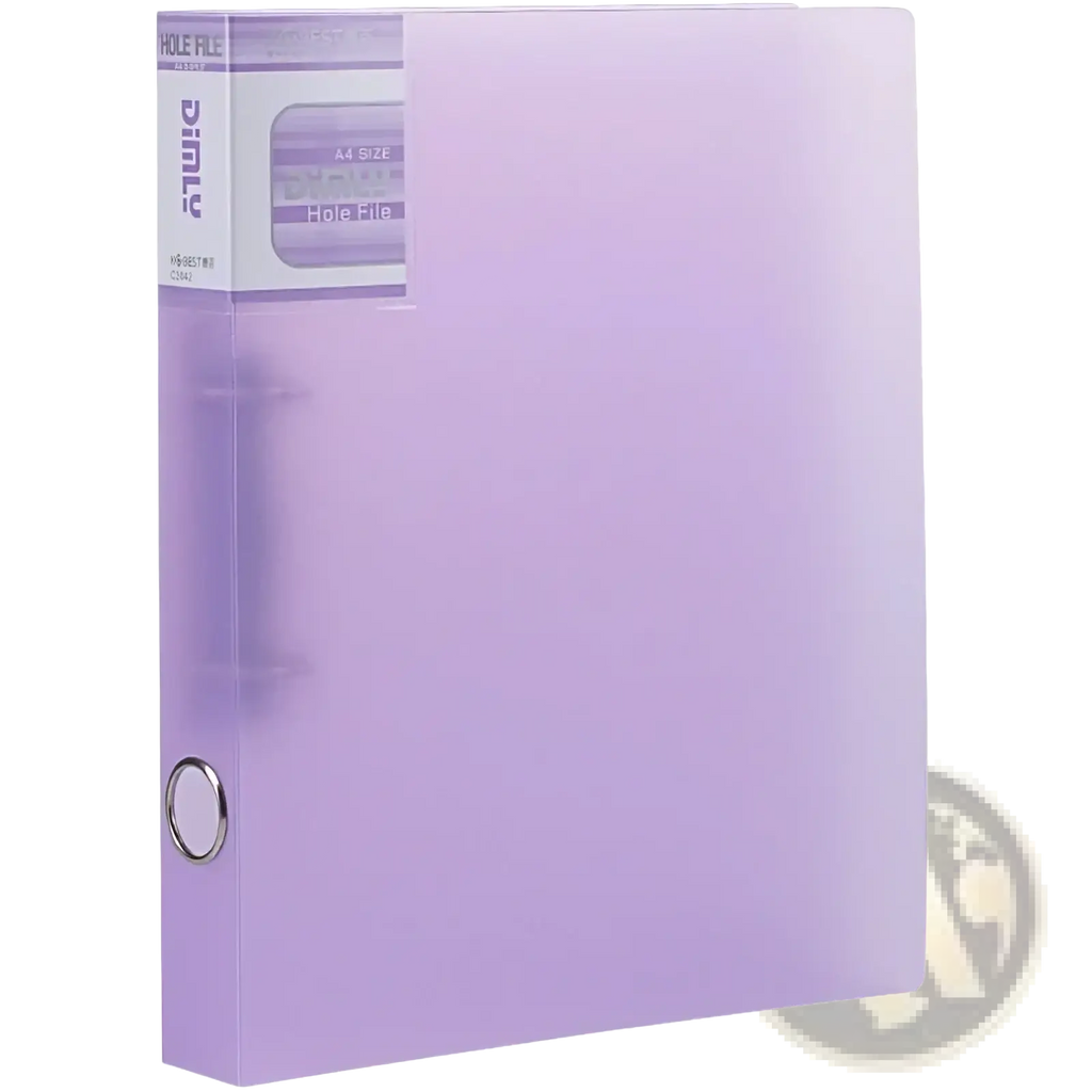 A4 pastel binder file folder transparent ring organizer made of translucent lavender plastic with a silver metal ring and branded label