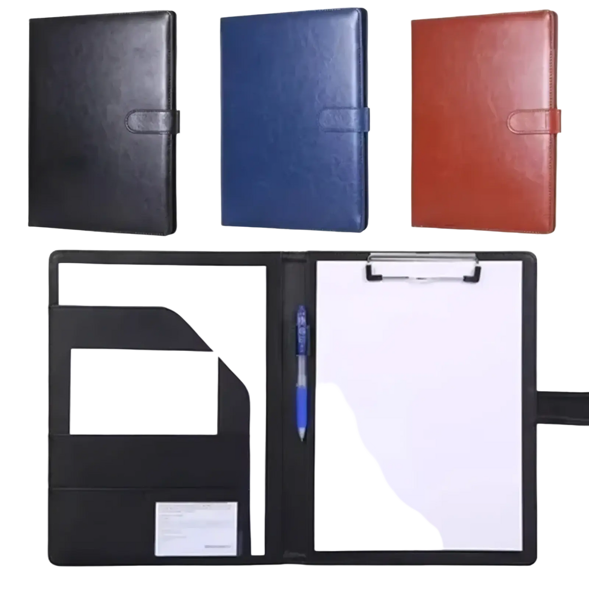 Black pu leather a4 business portfolio folder with integrated clipboard and pen holder for professional use
