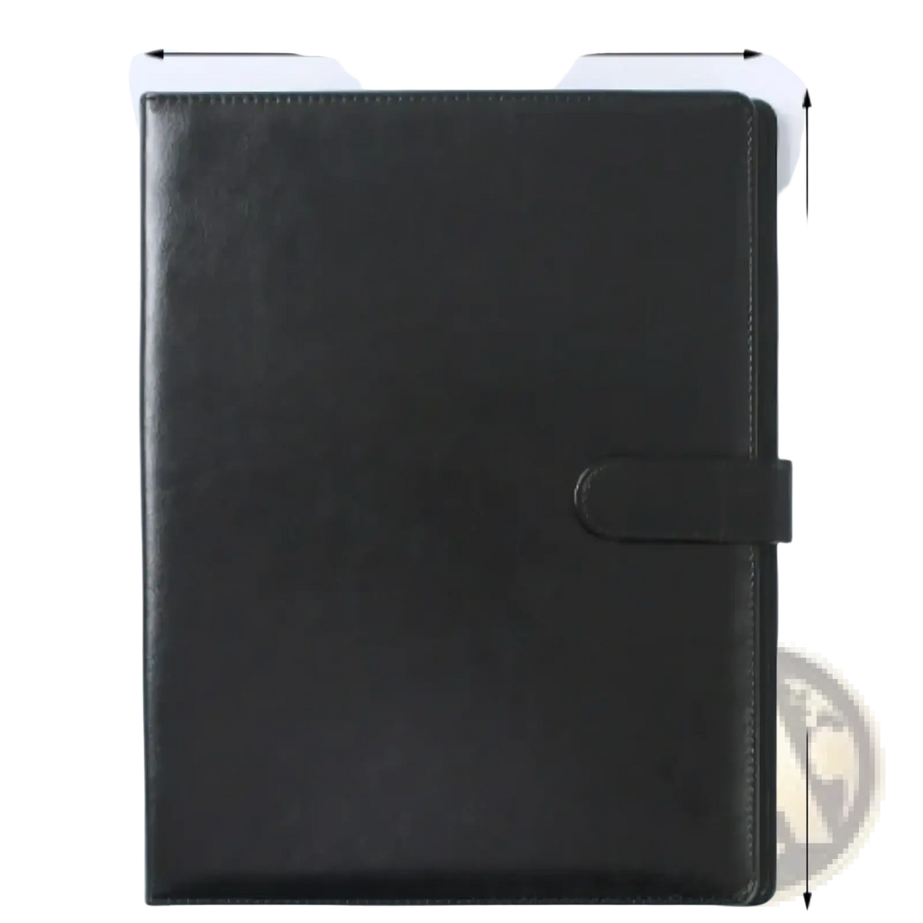 Black leather-bound A4 pu leather business portfolio with minimalist design and simple flap closure for documents