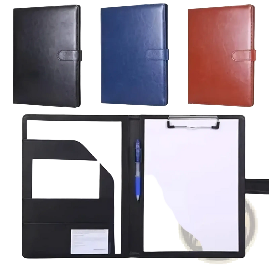 Black pu leather a4 business portfolio folder with integrated clipboard and pen holder for professional use